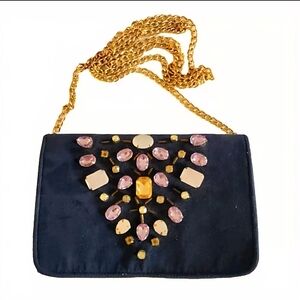 Anthropologie Shiraleah Bag Blue Velvet Gems Sequins Gold Chain Shoulder Purse